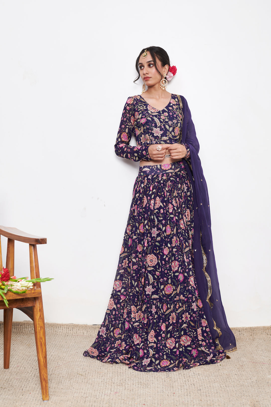 Raag Blue Floral print Lehenga with Floral print Blouse and Dupatta - Set of 3