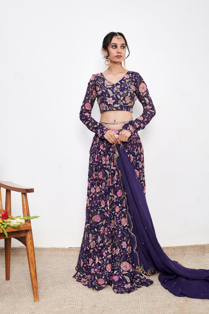 Raag Blue Floral print Lehenga with Floral print Blouse and Dupatta - Set of 3