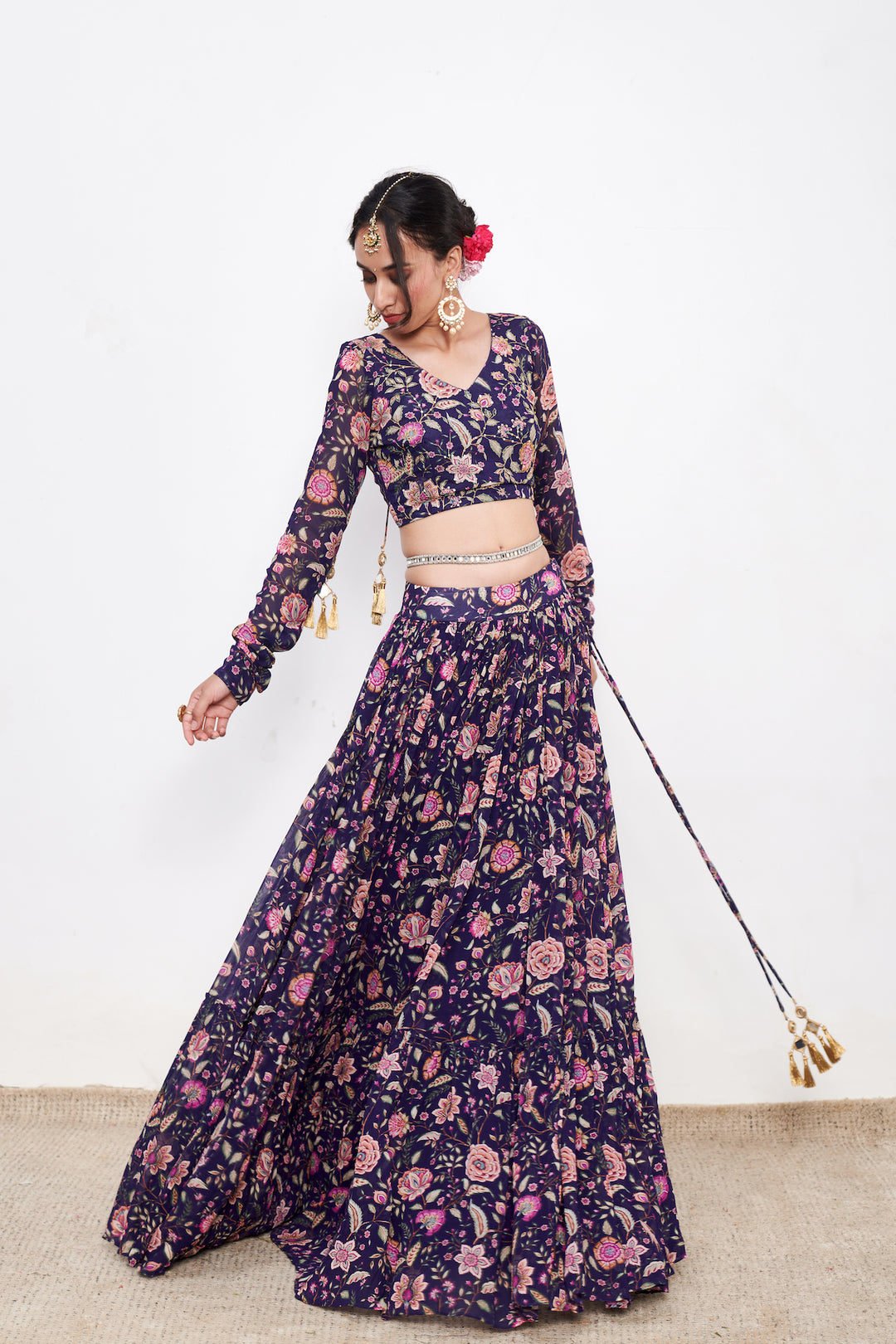 Raag Blue Floral print Lehenga with Floral print Blouse and Dupatta - Set of 3