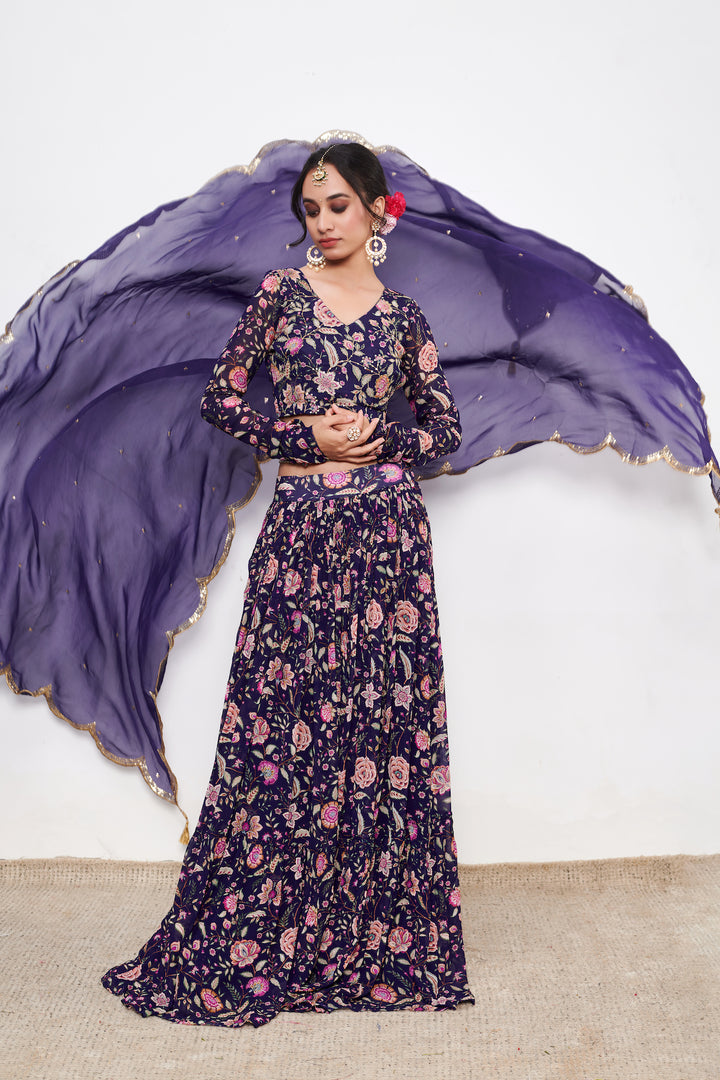 Raag Blue Floral print Lehenga with Floral print Blouse and Dupatta - Set of 3
