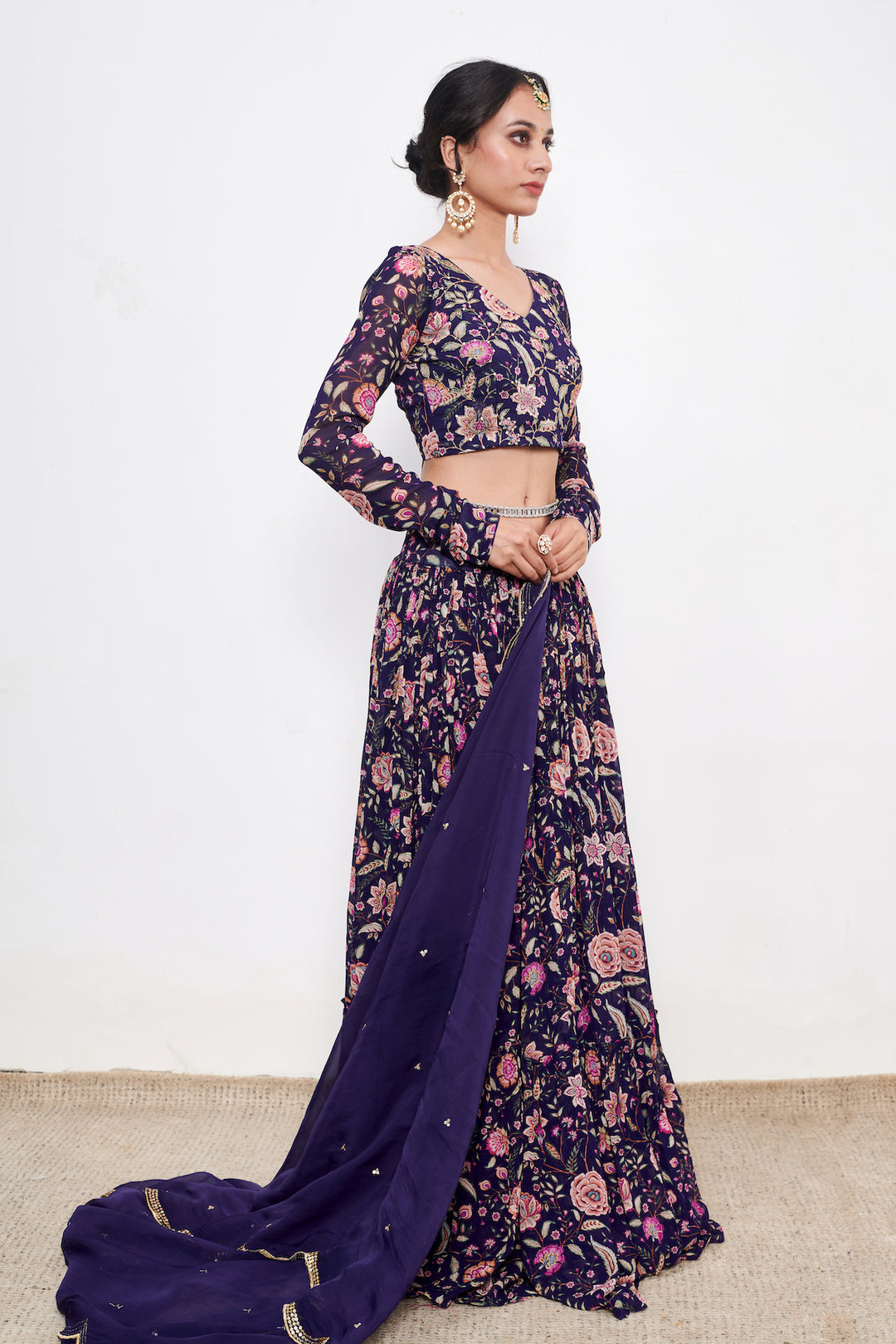 Raag Blue Floral print Lehenga with Floral print Blouse and Dupatta - Set of 3