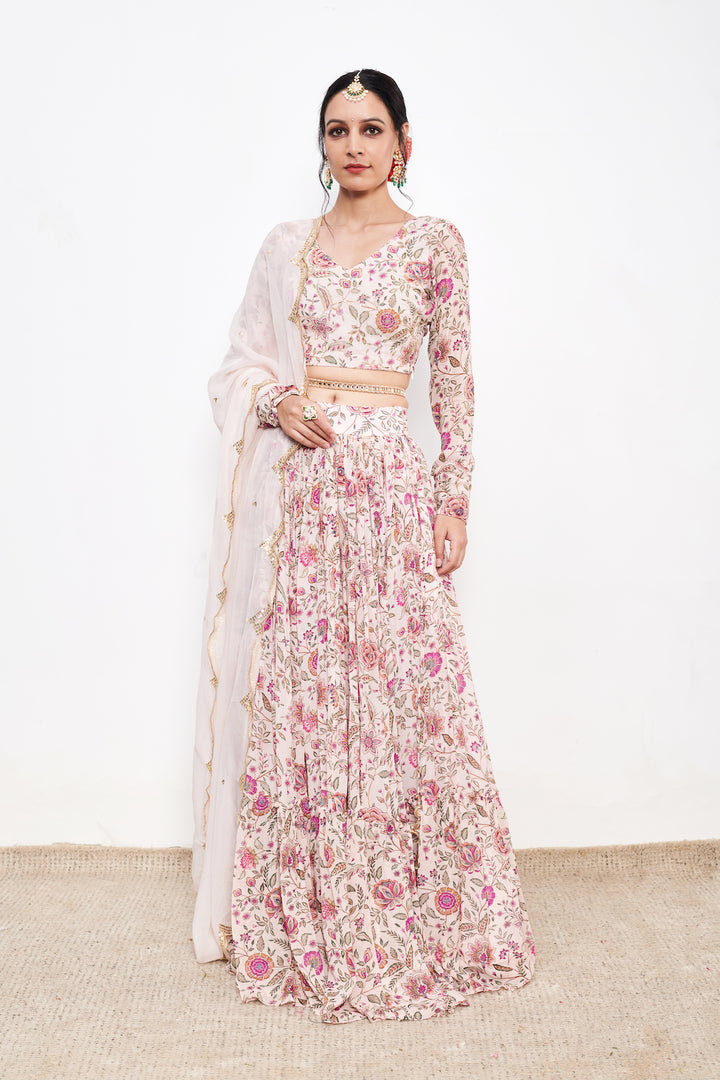 Raag Daisy White Floral print Lehenga with Floral print Blouse and Dupatta - Set of 3