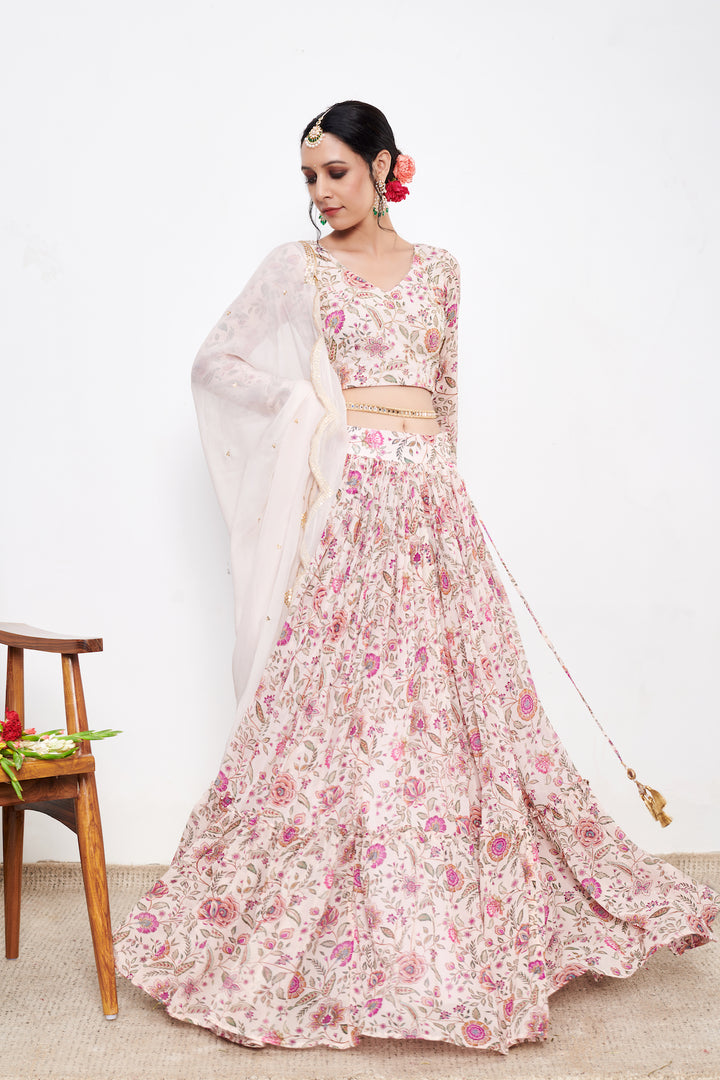 Raag Daisy White Floral print Lehenga with Floral print Blouse and Dupatta - Set of 3