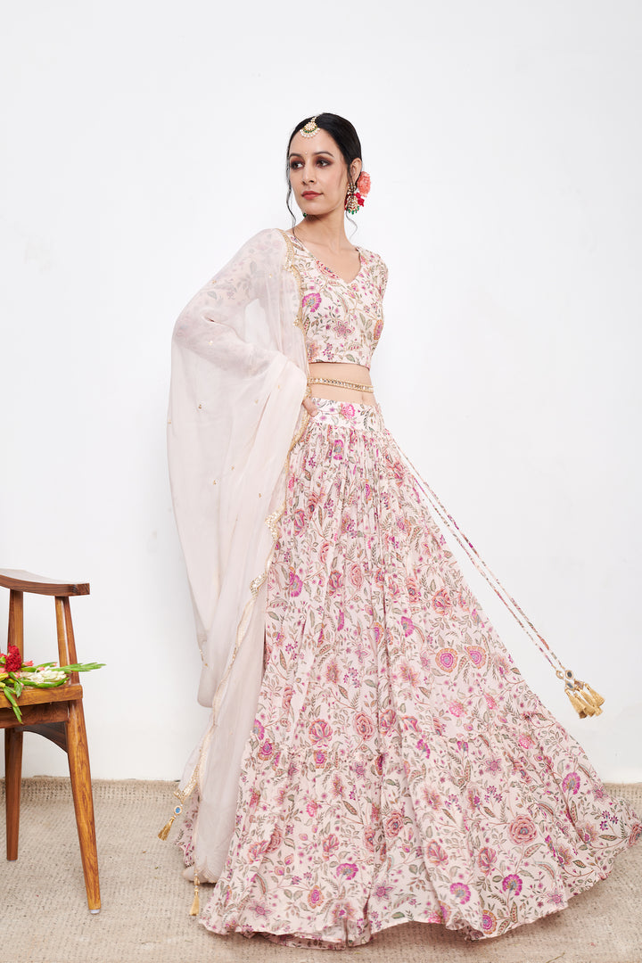 Raag Daisy White Floral print Lehenga with Floral print Blouse and Dupatta - Set of 3