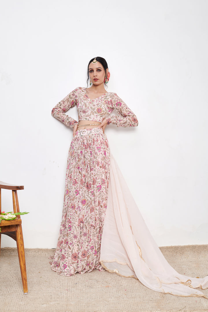 Raag Daisy White Floral print Lehenga with Floral print Blouse and Dupatta - Set of 3