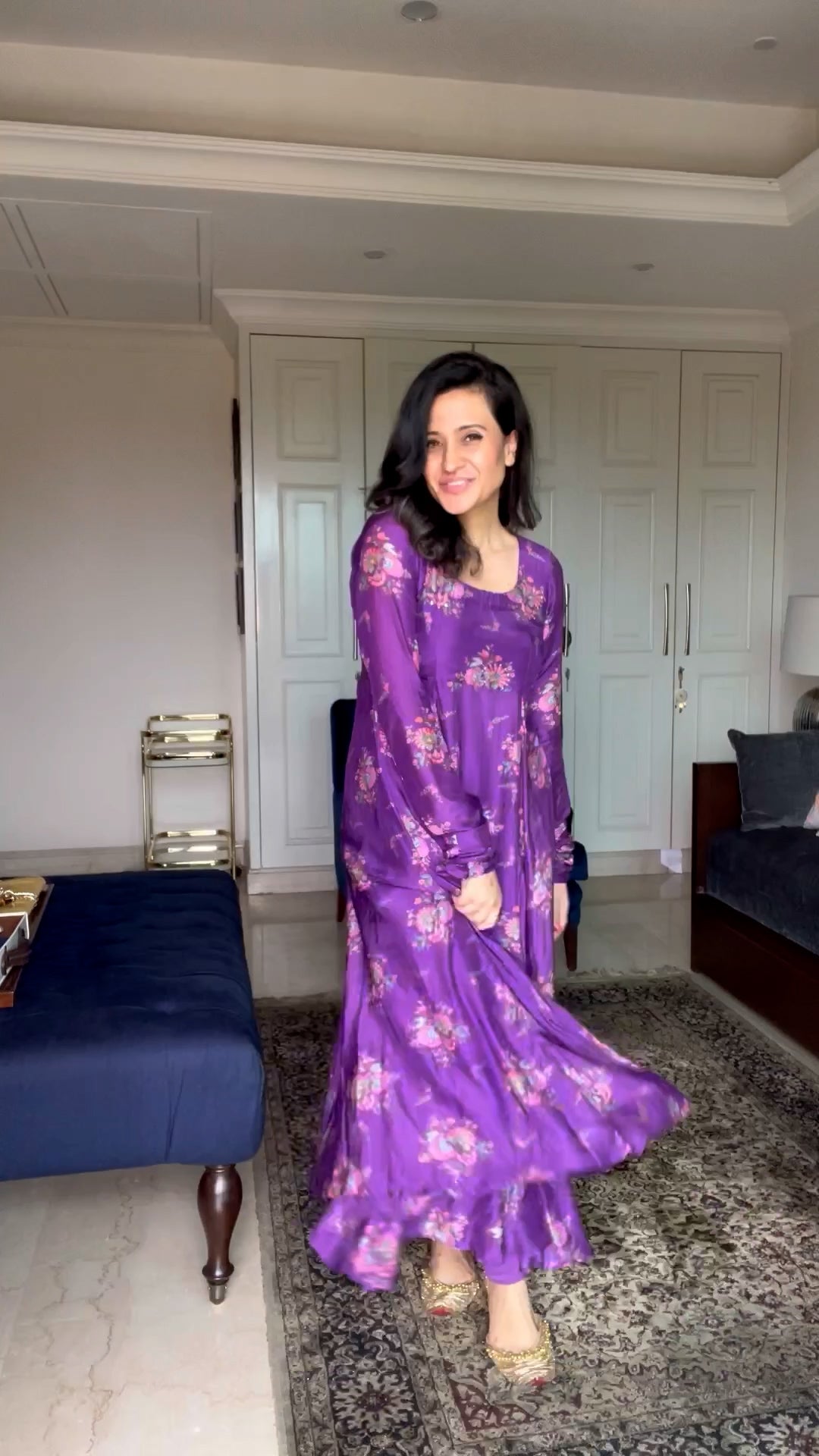 Mitali in our Bahaar Purple printed Anarkali with Chooridar and Dupatta- Set of 3