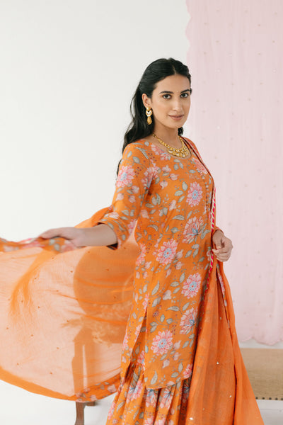 Orange Printed Short kurta with Sharara and Dupatta- Set of 3