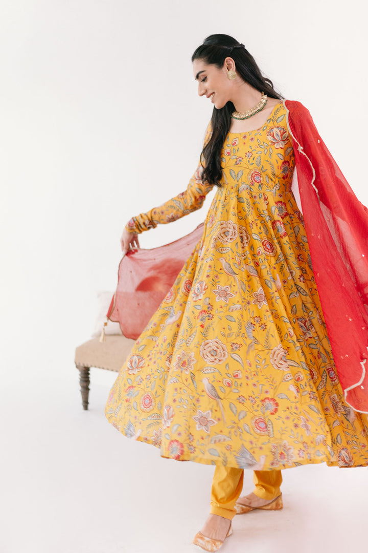 Yellow printed Anarkali with Chooridar and Dupatta- set of 3