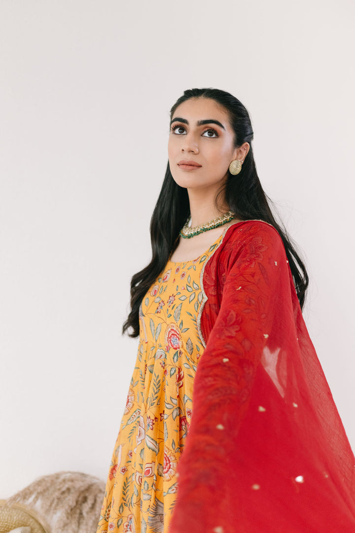 Yellow printed Anarkali with Chooridar and Dupatta- set of 3