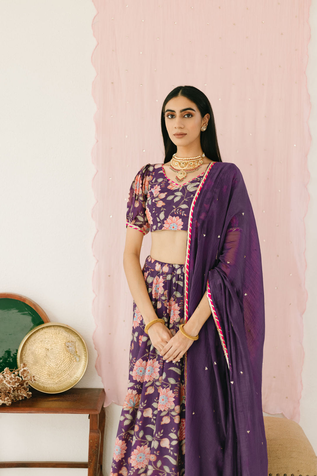 Purple Floral print Lehenga with Floral print Blouse and Dupatta - set of 3