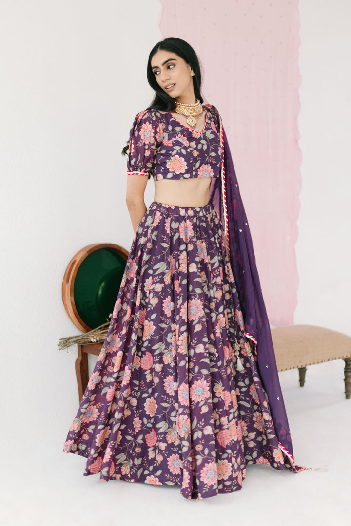 Purple Floral print Lehenga with Floral print Blouse and Dupatta - set of 3
