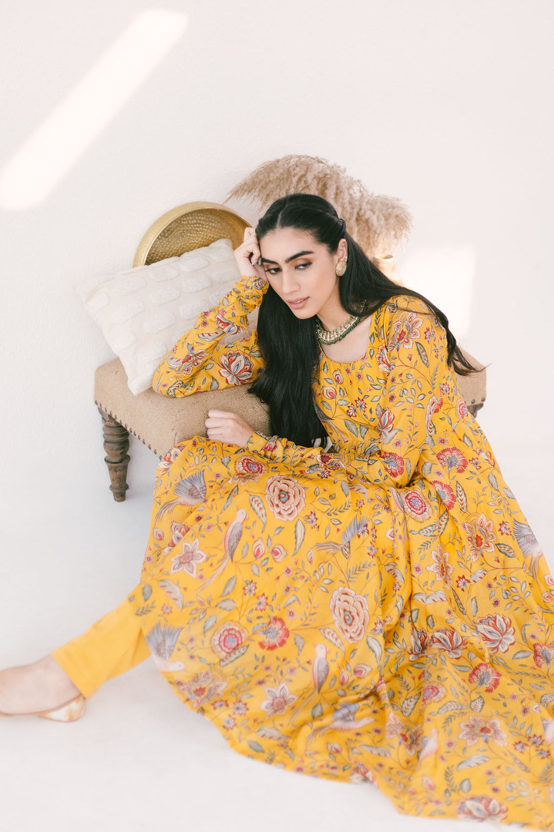 Yellow printed Anarkali with Chooridar and Dupatta- set of 3
