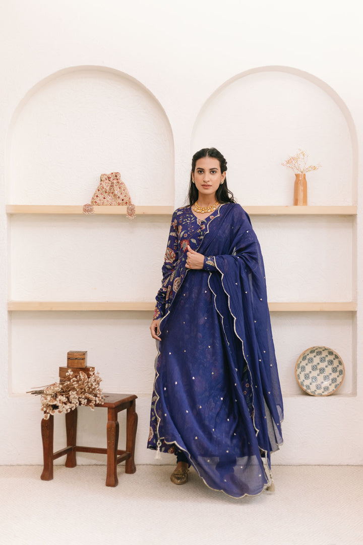 Morocoon Blue printed Anarkali with Chooridar and Dupatta- set of 3