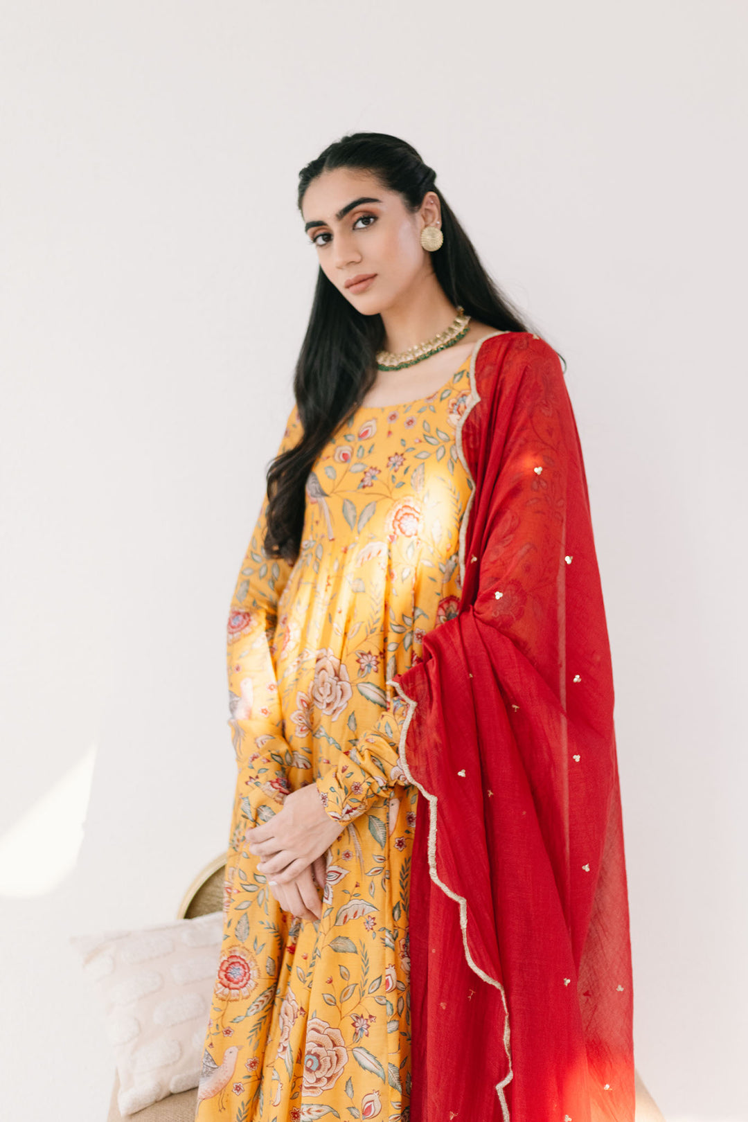 Yellow printed Anarkali with Chooridar and Dupatta- set of 3