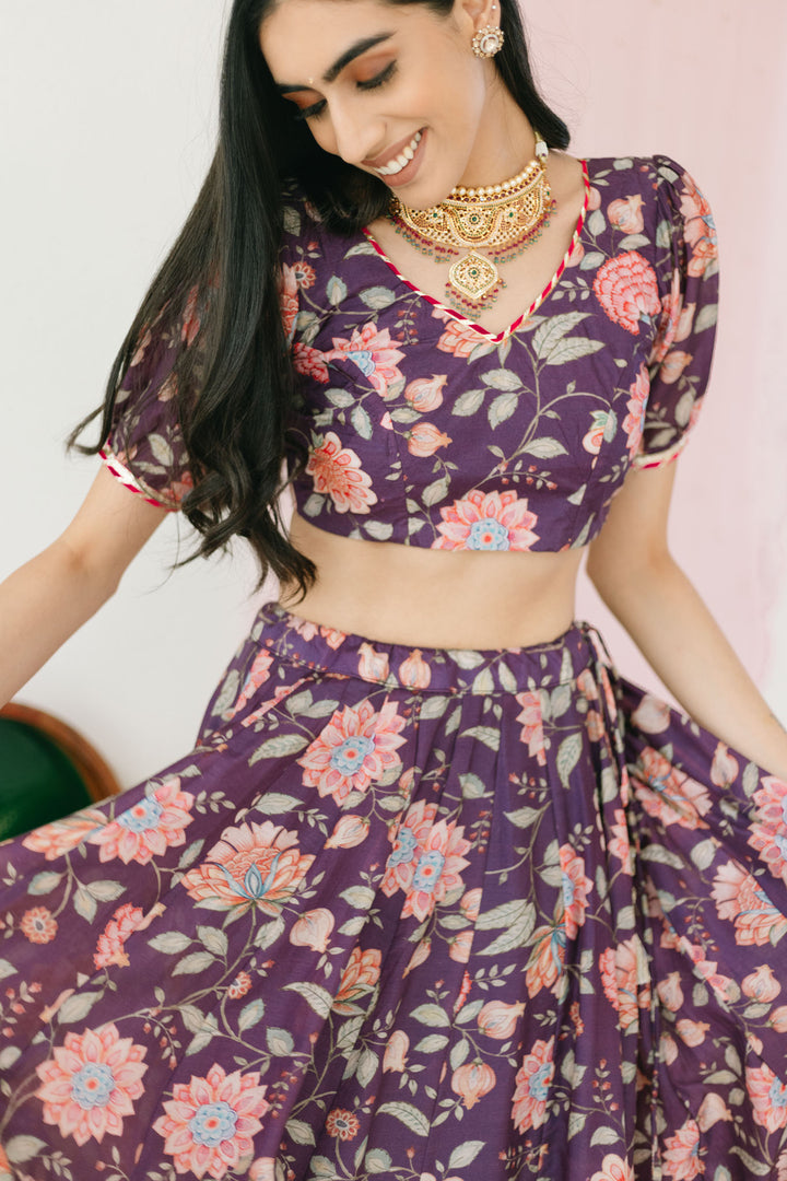 Purple Floral print Lehenga with Floral print Blouse and Dupatta - set of 3