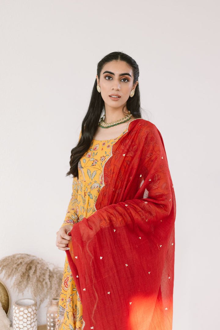 Yellow printed Anarkali with Chooridar and Dupatta- set of 3