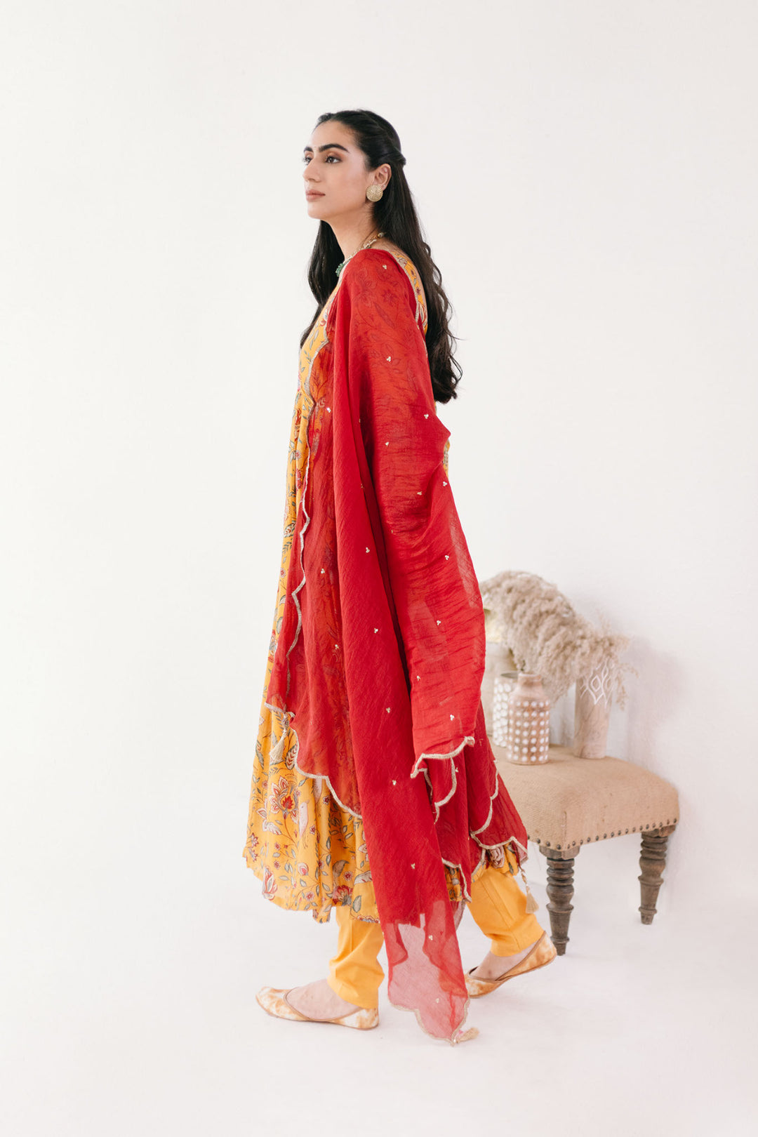 Yellow printed Anarkali with Chooridar and Dupatta- set of 3