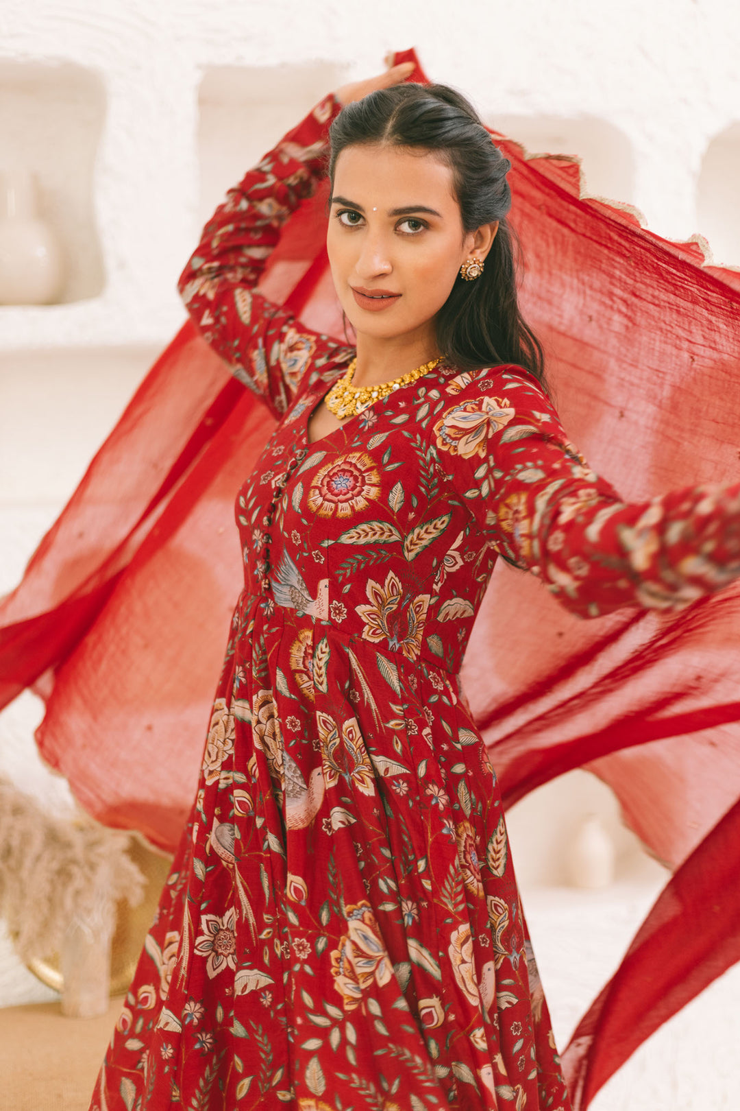 Deep Red printed Anarkali with Chooridar and Dupatta- set of 3