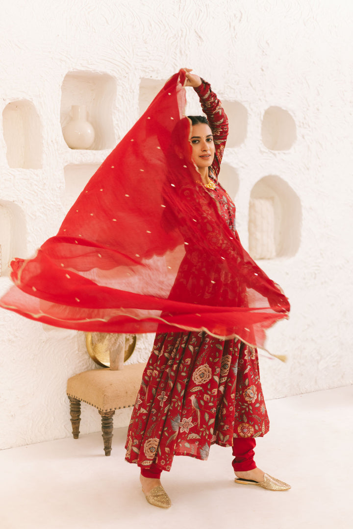 Deep Red printed Anarkali with Chooridar and Dupatta- set of 3
