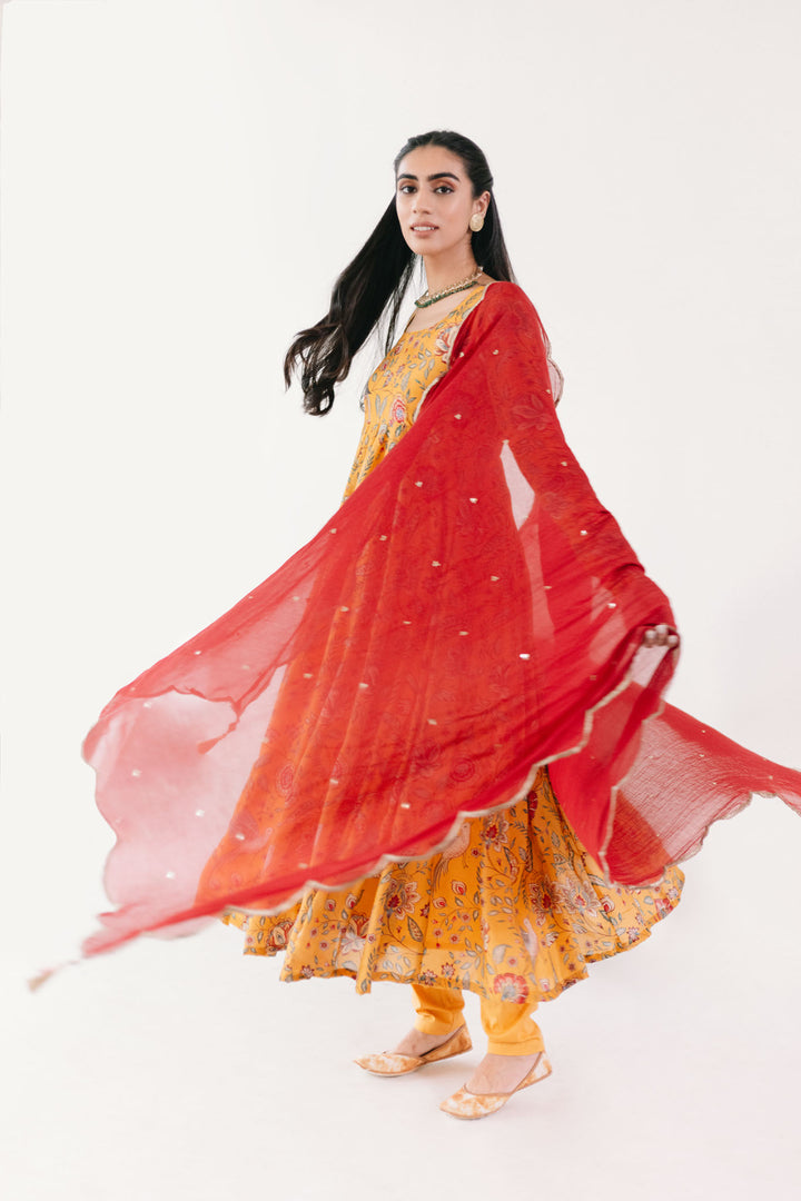 Yellow printed Anarkali with Chooridar and Dupatta- set of 3