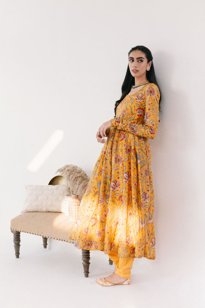 Yellow printed Anarkali with Chooridar and Dupatta- set of 3