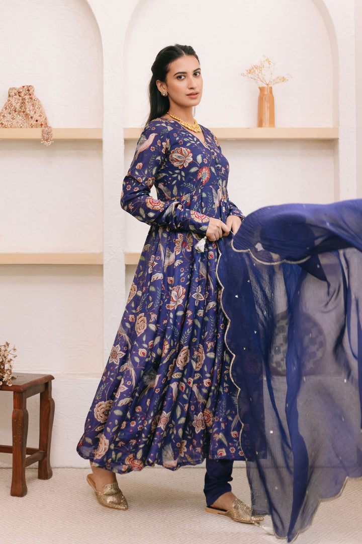 Morocoon Blue printed Anarkali with Chooridar and Dupatta- set of 3