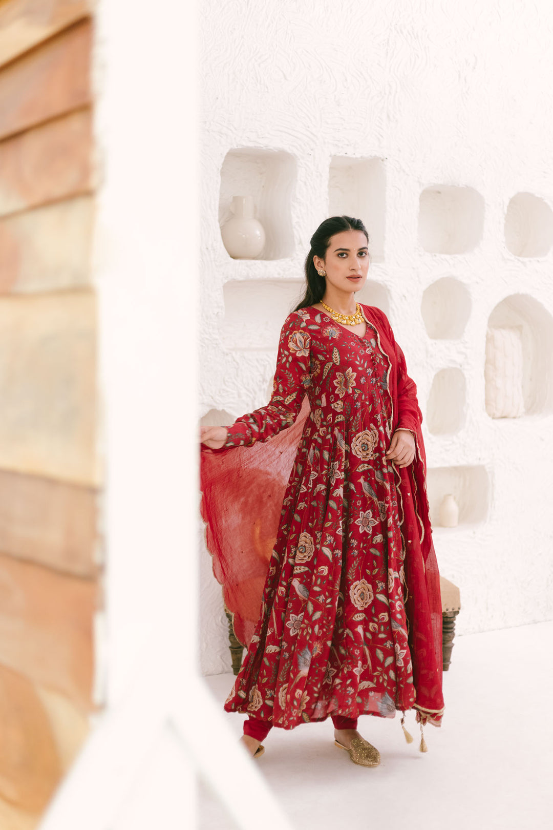 Deep Red printed Anarkali with Chooridar and Dupatta- set of 3