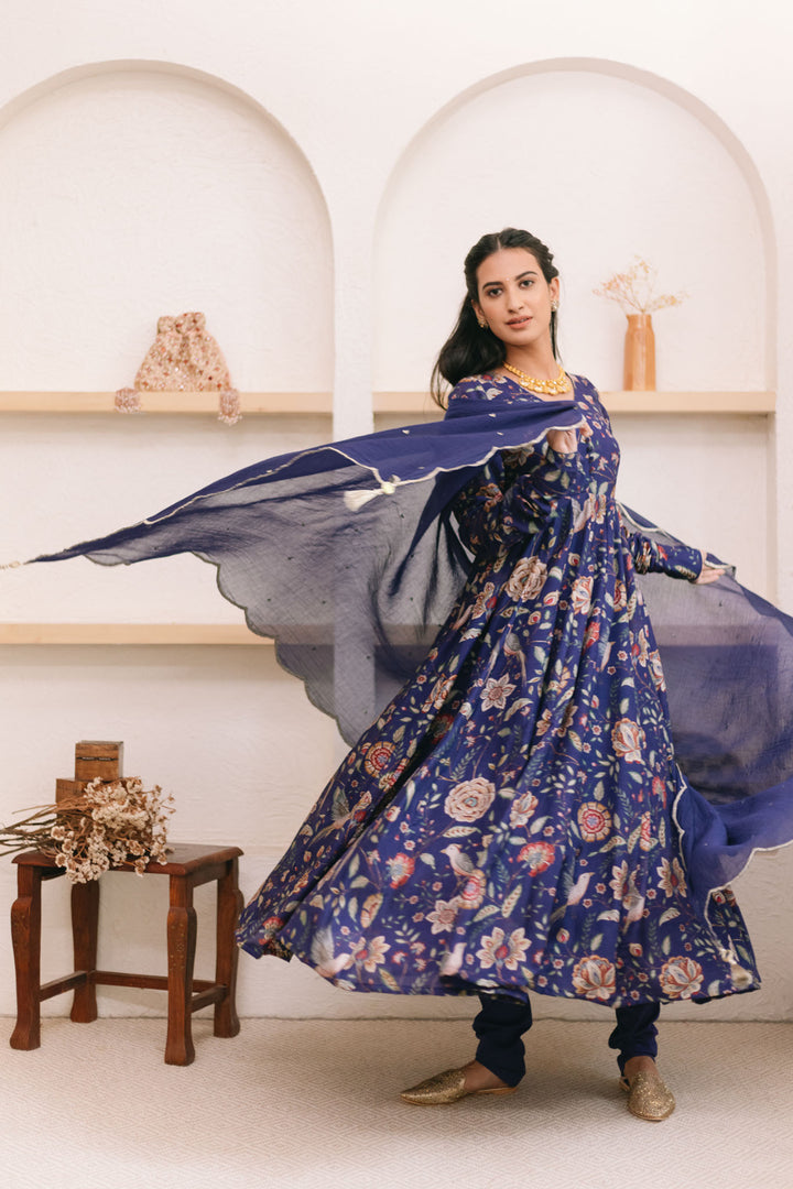Morocoon Blue printed Anarkali with Chooridar and Dupatta- set of 3