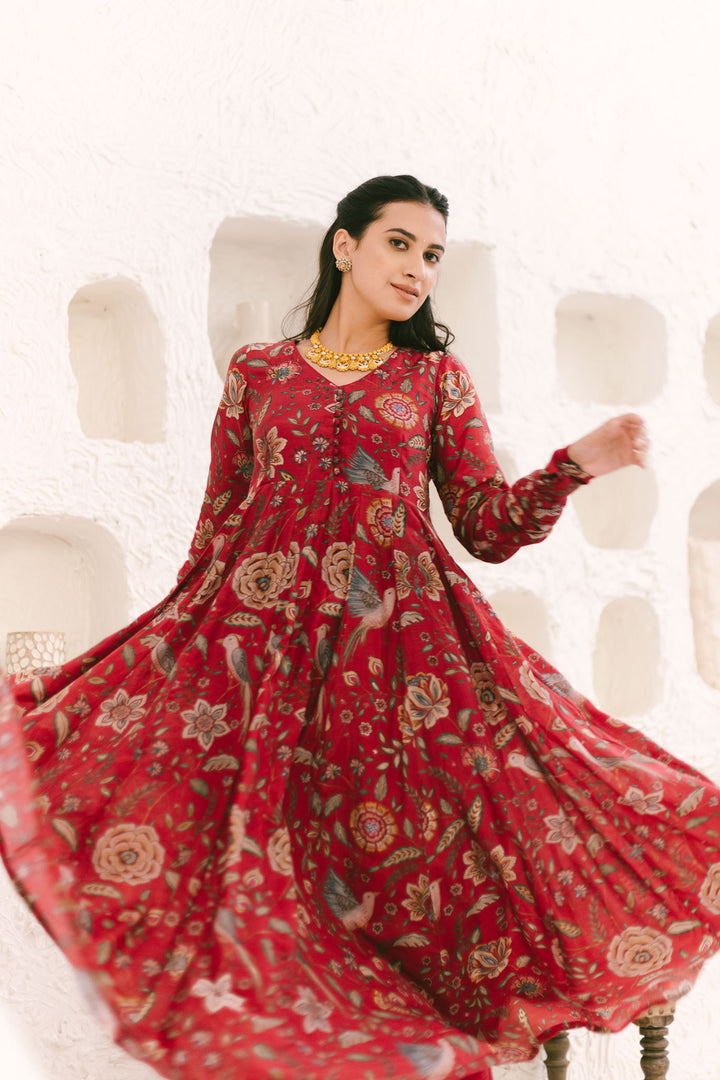 Deep Red printed Anarkali with Chooridar and Dupatta- set of 3