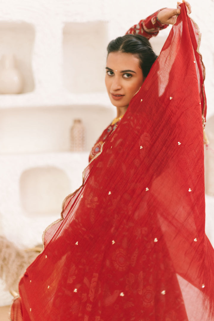 Deep Red printed Anarkali with Chooridar and Dupatta- set of 3