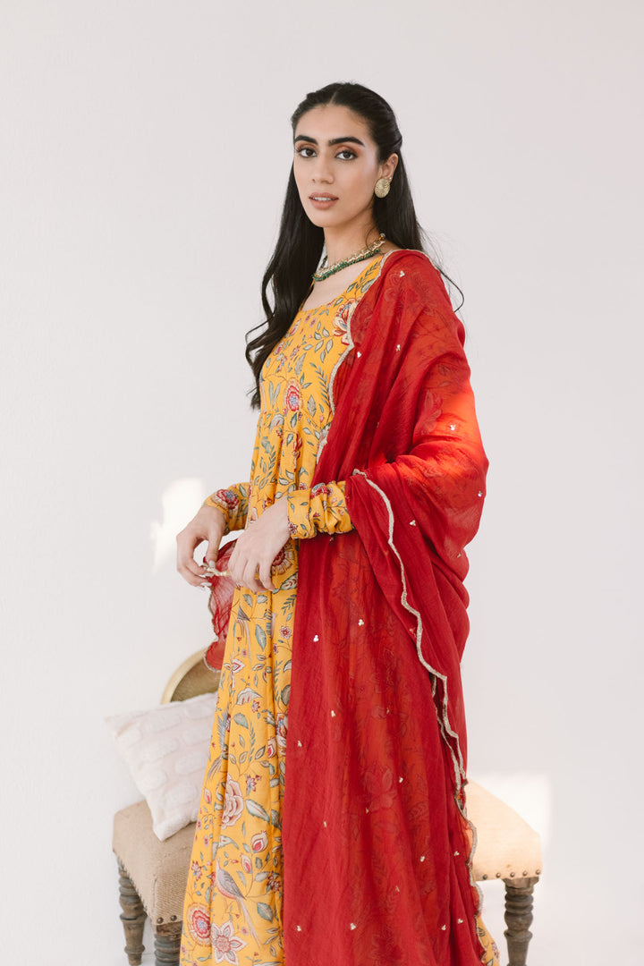 Yellow printed Anarkali with Chooridar and Dupatta- set of 3