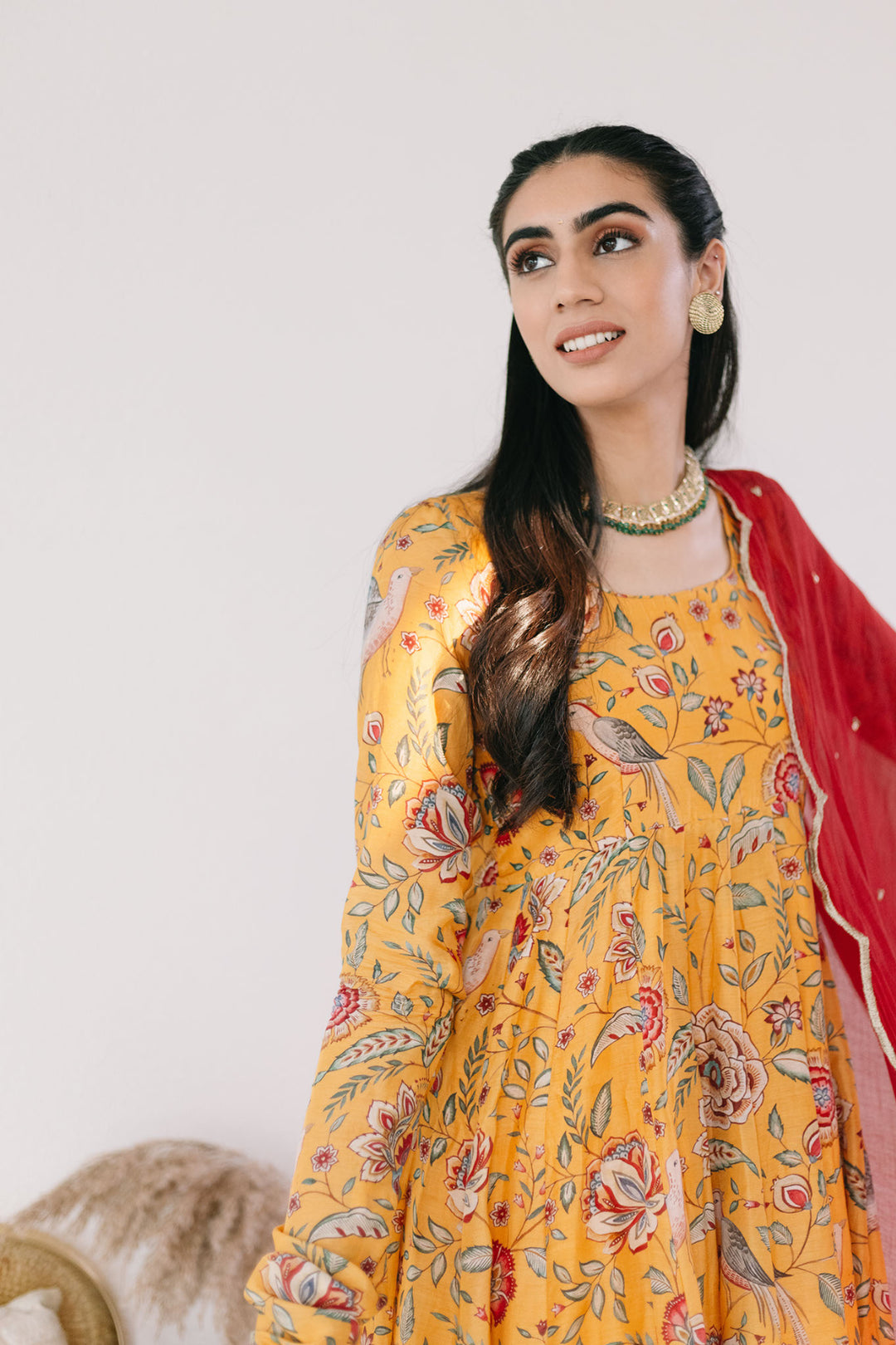 Yellow printed Anarkali with Chooridar and Dupatta- set of 3