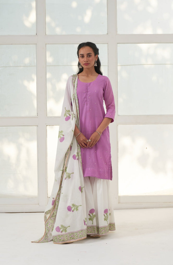 Lilac Mukaish Cotton Kurta With Marigold Block Printed Sharara- Set Of 3
