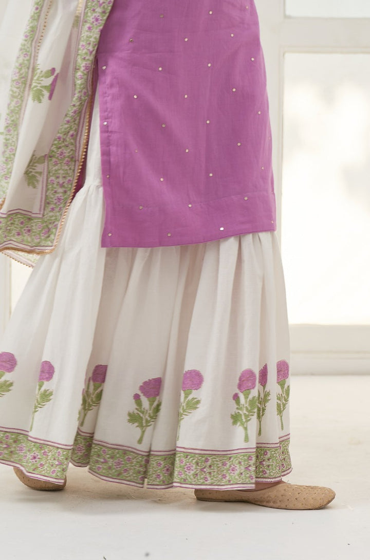 Lilac Mukaish Cotton Kurta With Marigold Block Printed Sharara- Set Of 3