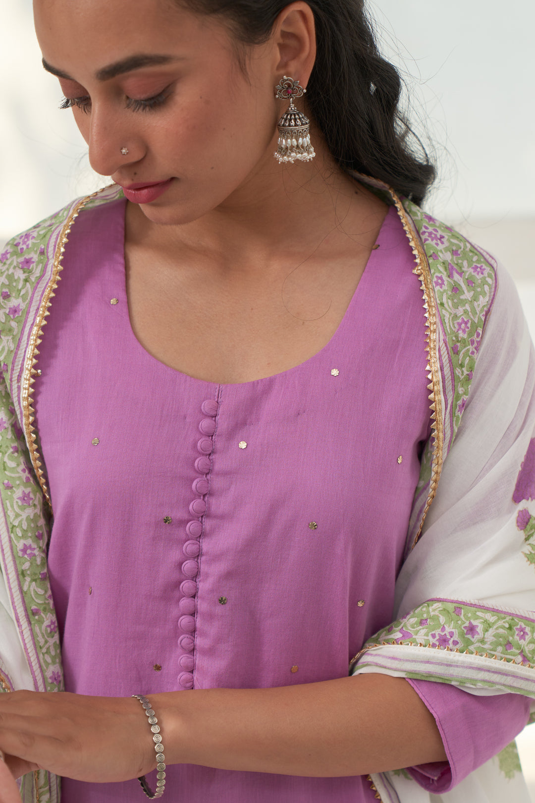 Lilac Mukaish Cotton Kurta With Marigold Block Printed Sharara- Set Of 3