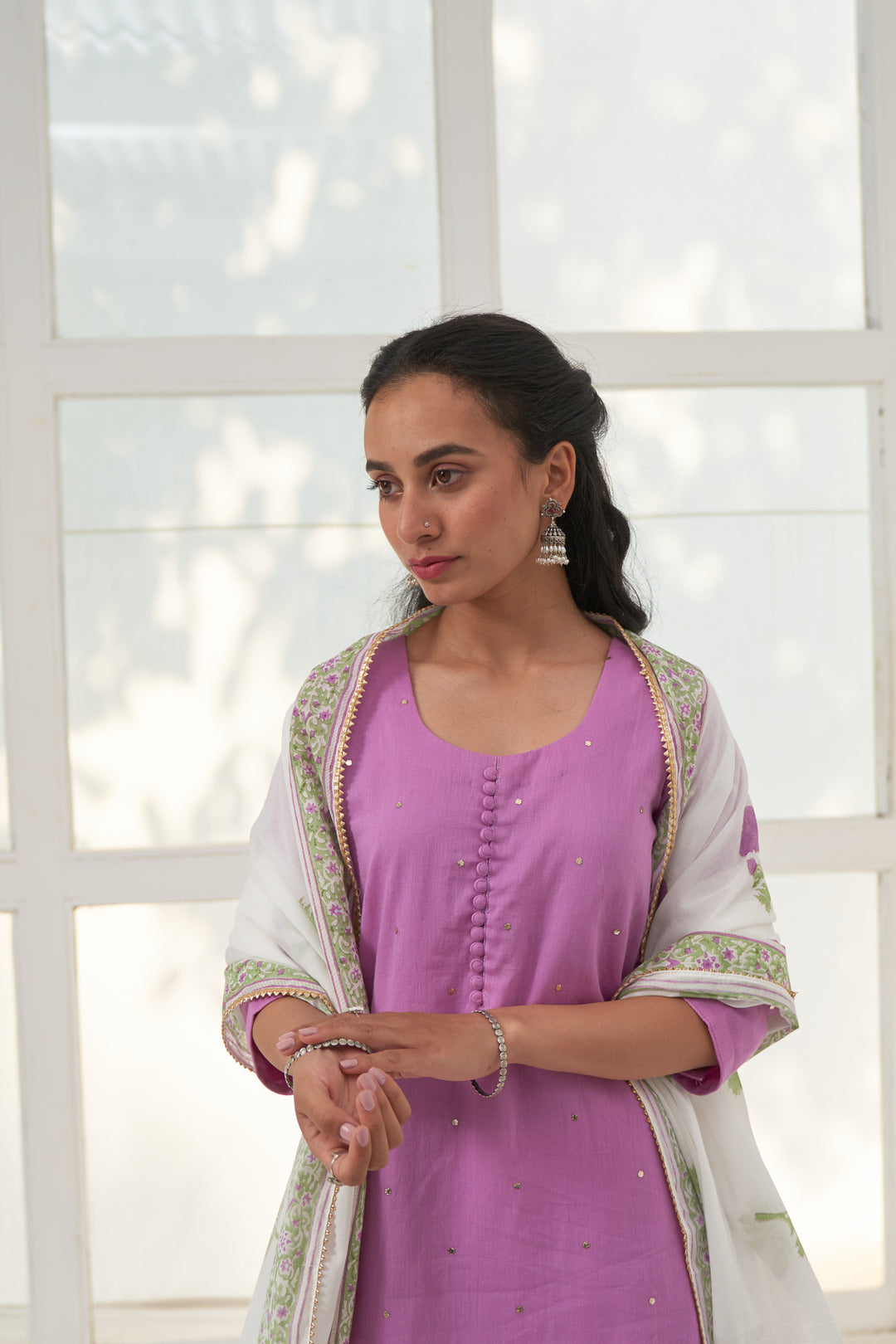 Lilac Mukaish Cotton Kurta With Marigold Block Printed Sharara- Set Of 3