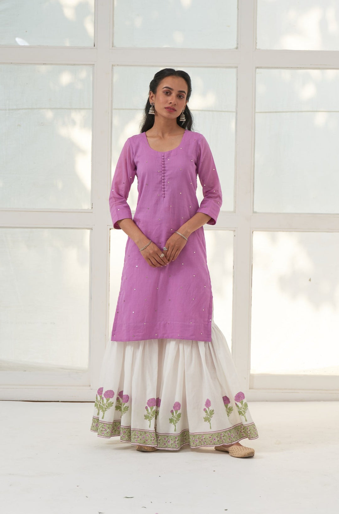 Lilac Mukaish Cotton Kurta With Marigold Block Printed Sharara- Set Of 3