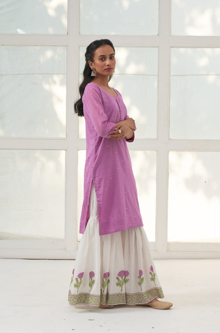 Lilac Mukaish Cotton Kurta With Marigold Block Printed Sharara- Set Of 3