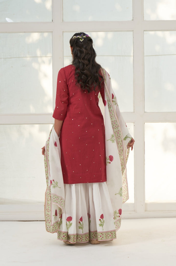 Red Mukaish Cotton Kurta With Marigold Block Printed Sharara- Set Of 3