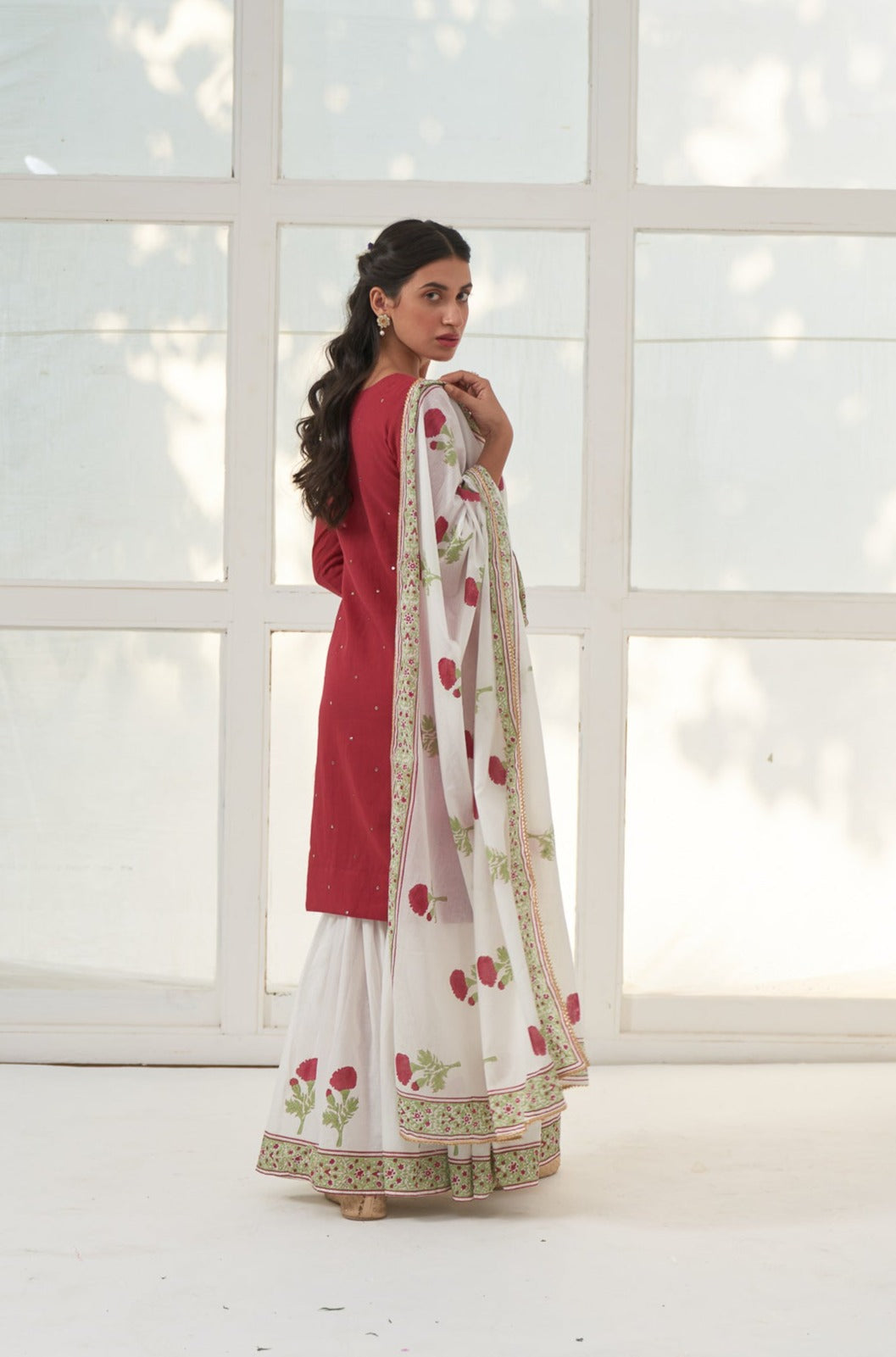 Red Mukaish Cotton Kurta With Marigold Block Printed Sharara- Set Of 3