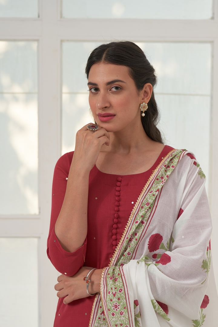 Red Mukaish Cotton Kurta With Marigold Block Printed Sharara- Set Of 3