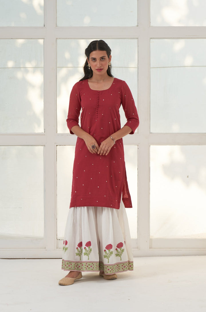 Red Mukaish Cotton Kurta With Marigold Block Printed Sharara- Set Of 3