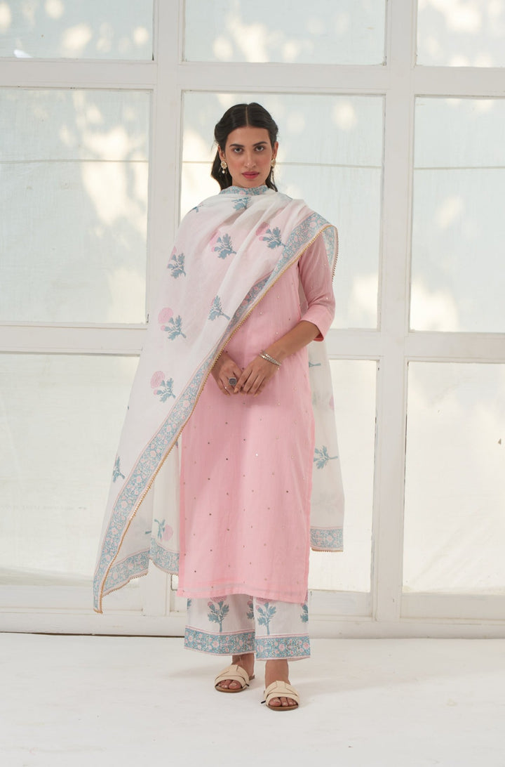 Pink Mukaish Cotton Kurta With Marigold Block Printed Palazzo- Set Of 3