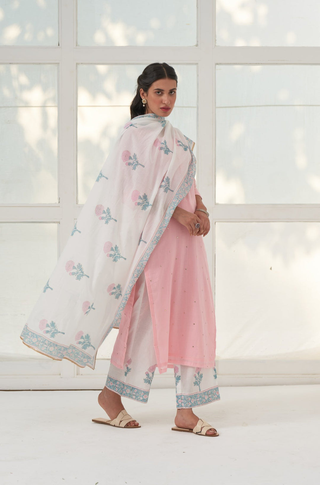 Pink Mukaish Cotton Kurta With Marigold Block Printed Palazzo- Set Of 3