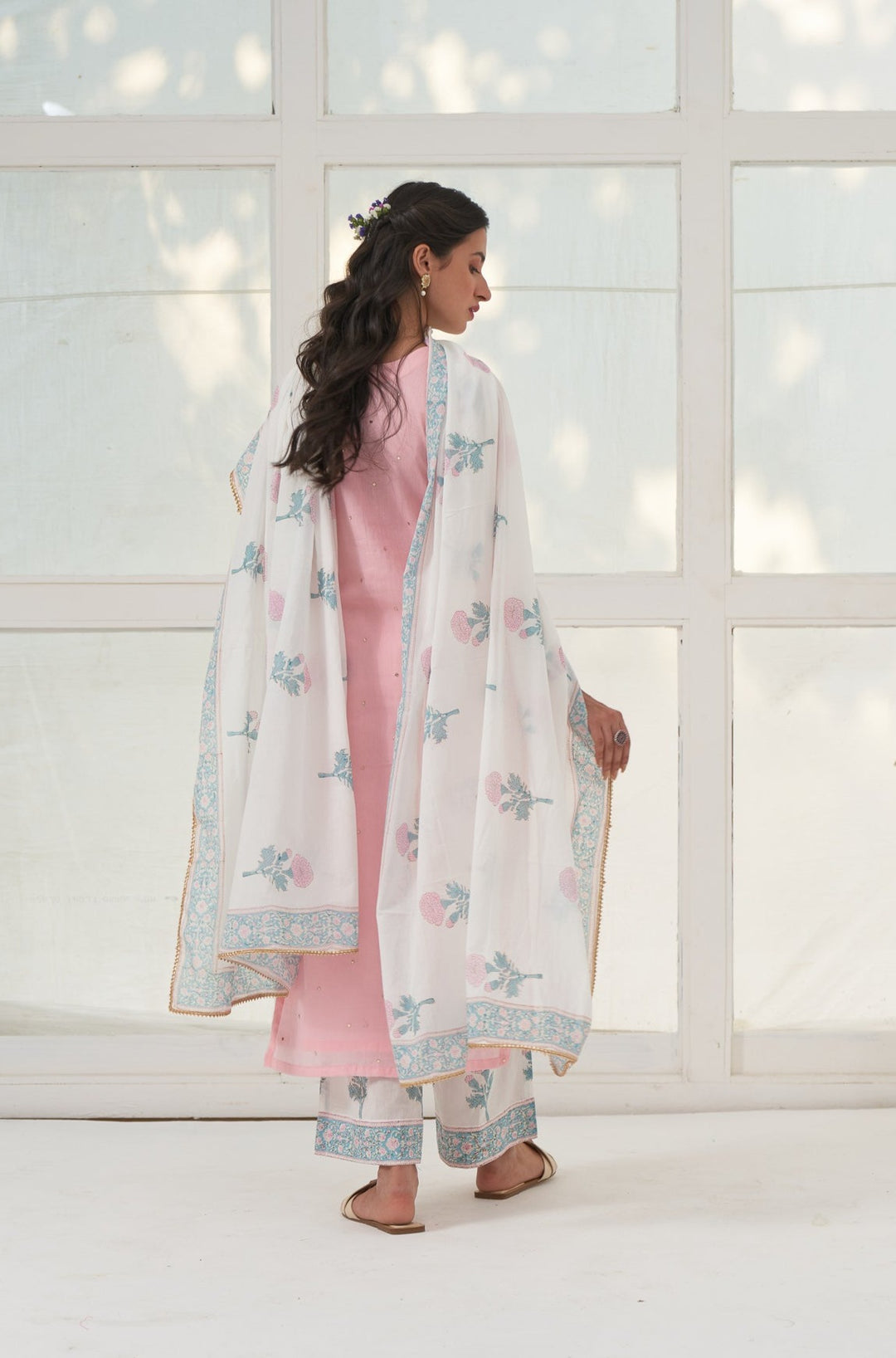 Pink Mukaish Cotton Kurta With Marigold Block Printed Palazzo- Set Of 3