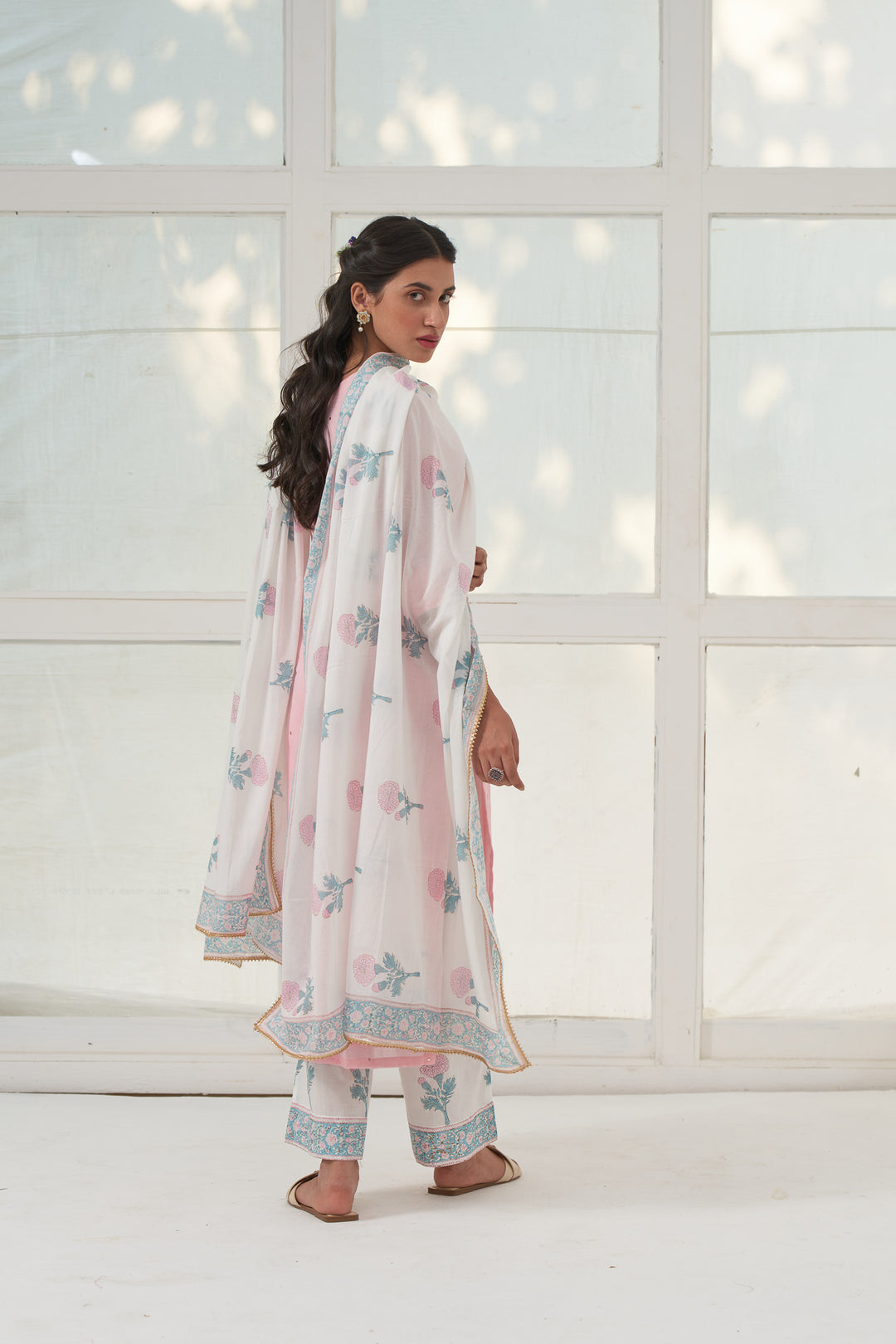 Pink Mukaish Cotton Kurta With Marigold Block Printed Palazzo- Set Of 3