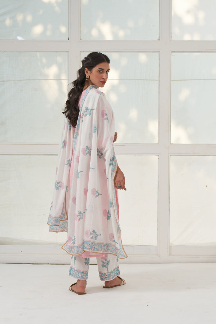 Pink Mukaish Cotton Kurta With Marigold Block Printed Palazzo- Set Of 3