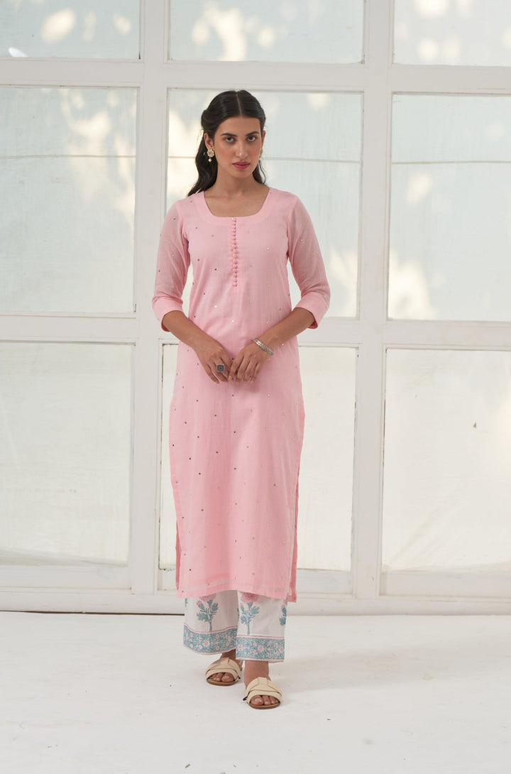 Pink Mukaish Cotton Kurta With Marigold Block Printed Palazzo- Set Of 3