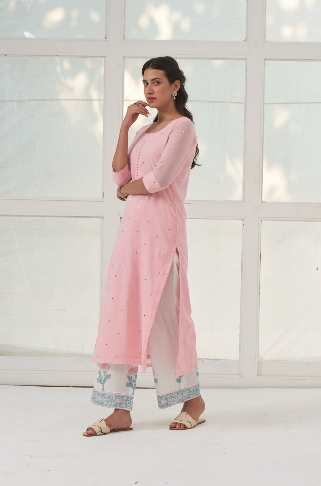 Pink Mukaish Cotton Kurta With Marigold Block Printed Palazzo- Set Of 3
