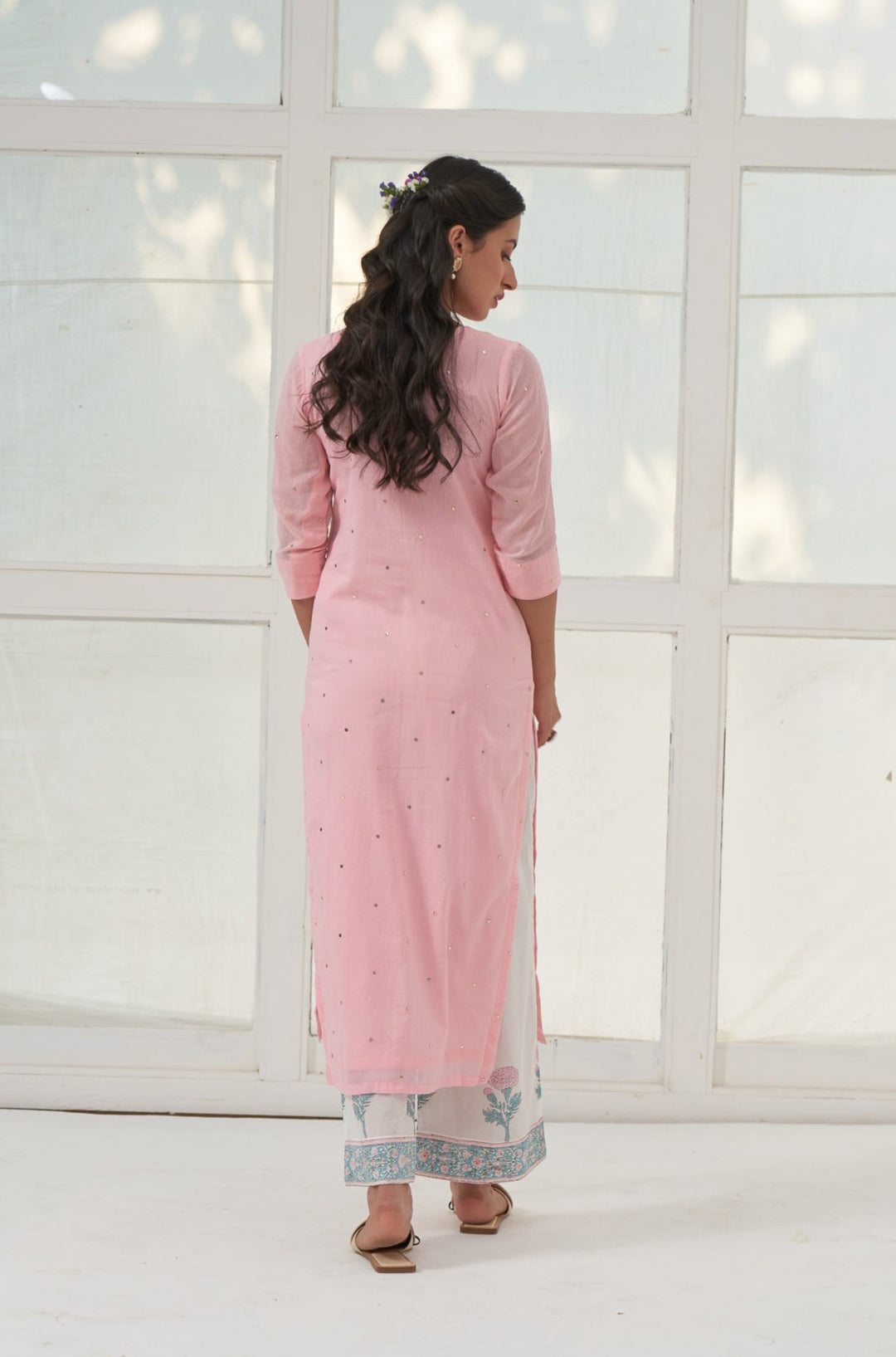 Pink Mukaish Cotton Kurta With Marigold Block Printed Palazzo- Set Of 3